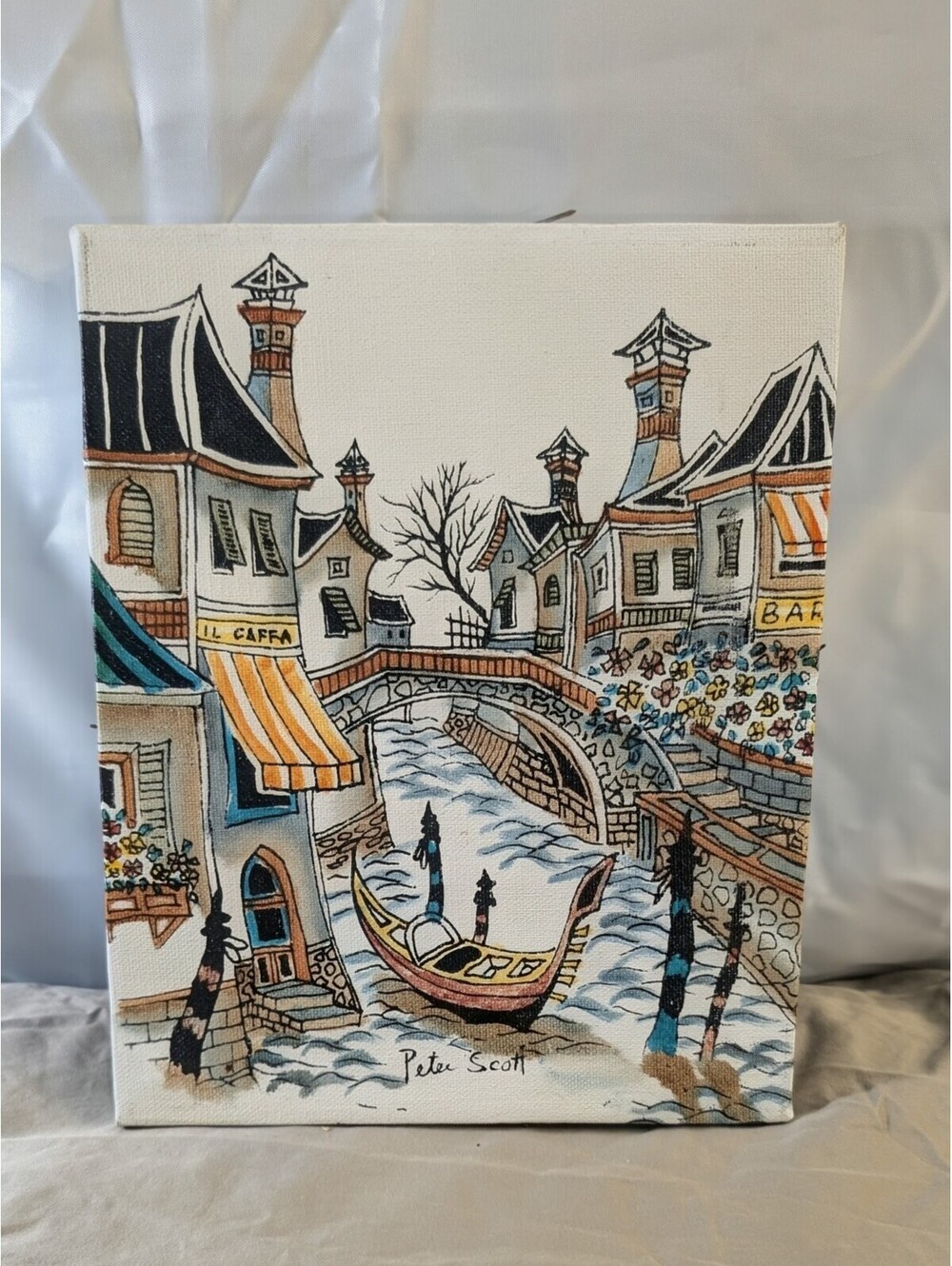 Vintage 8x10 Venice Canal Scene Canvas Painting by Peter Scott, Mid-Century Unfr